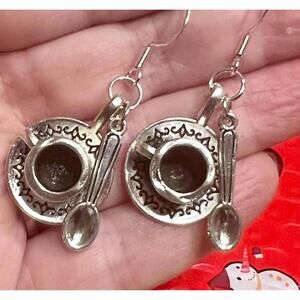 New Whimsical Adorable Teacup Saucer Pewter Earrings W/SpoonsWonderful Gift